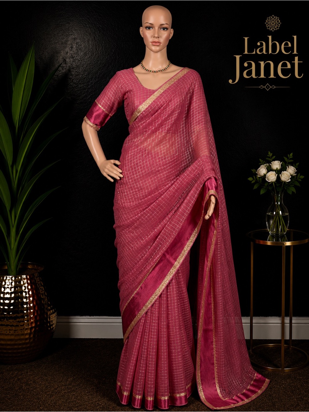 Brand new pink checked viscose saree with stitched blouse (34” - 42”)